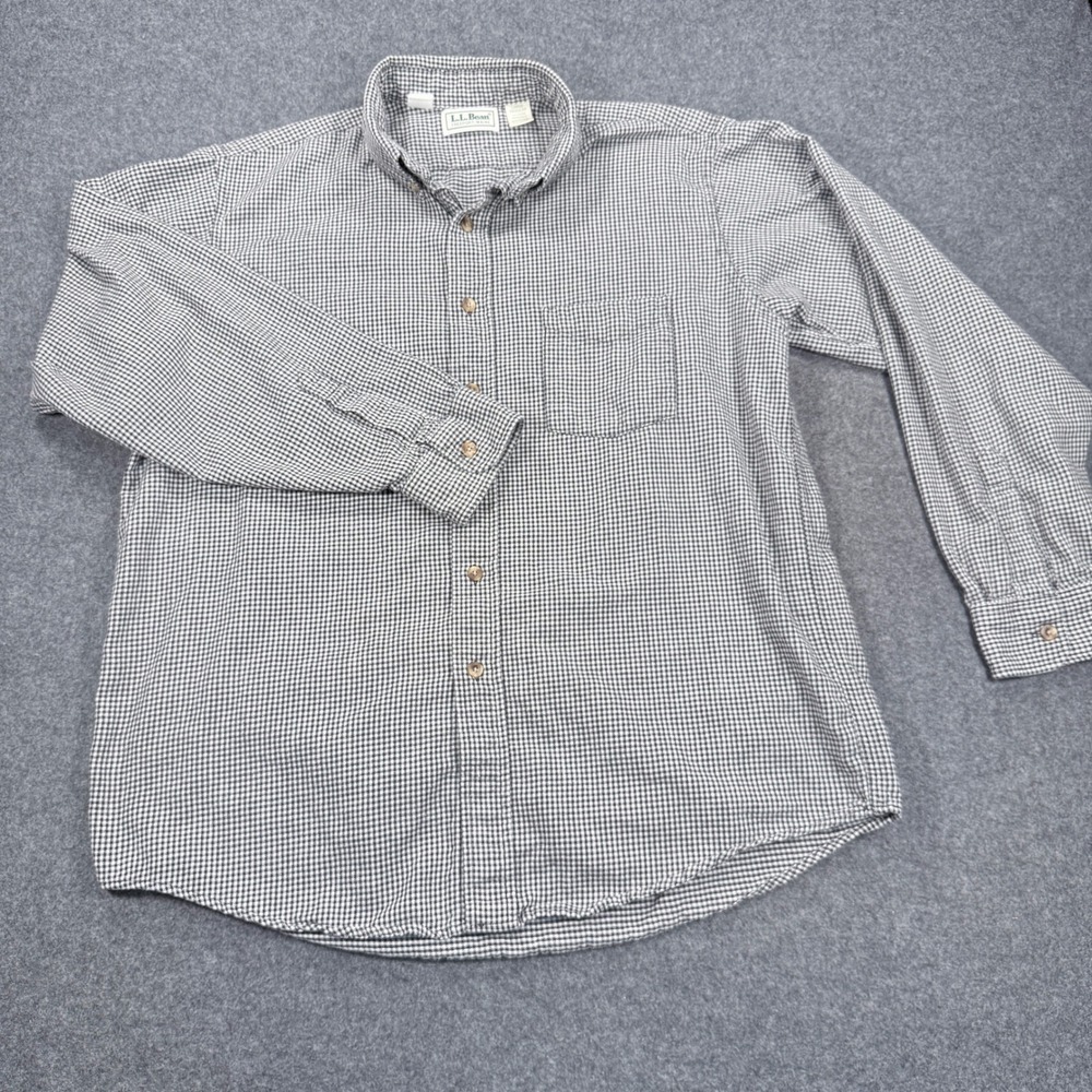 LL Bean Mens Large Regular Black White Houndstooth Cotton Button Down Shirt USA - Picture 2 of 8